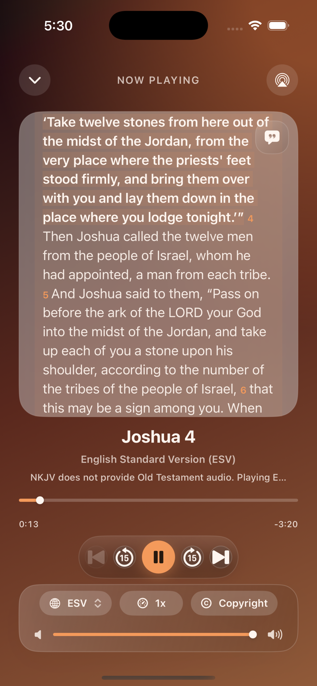 Emmaus iPhone passage view highlighting the current verse during playback